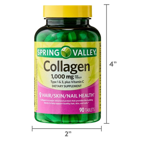 Spring Valley Collagen Type 1 & 3 Plus Vitamin C Hair, Skin & Nails Supplement Tablets, 1,000 mg, 90 Count
