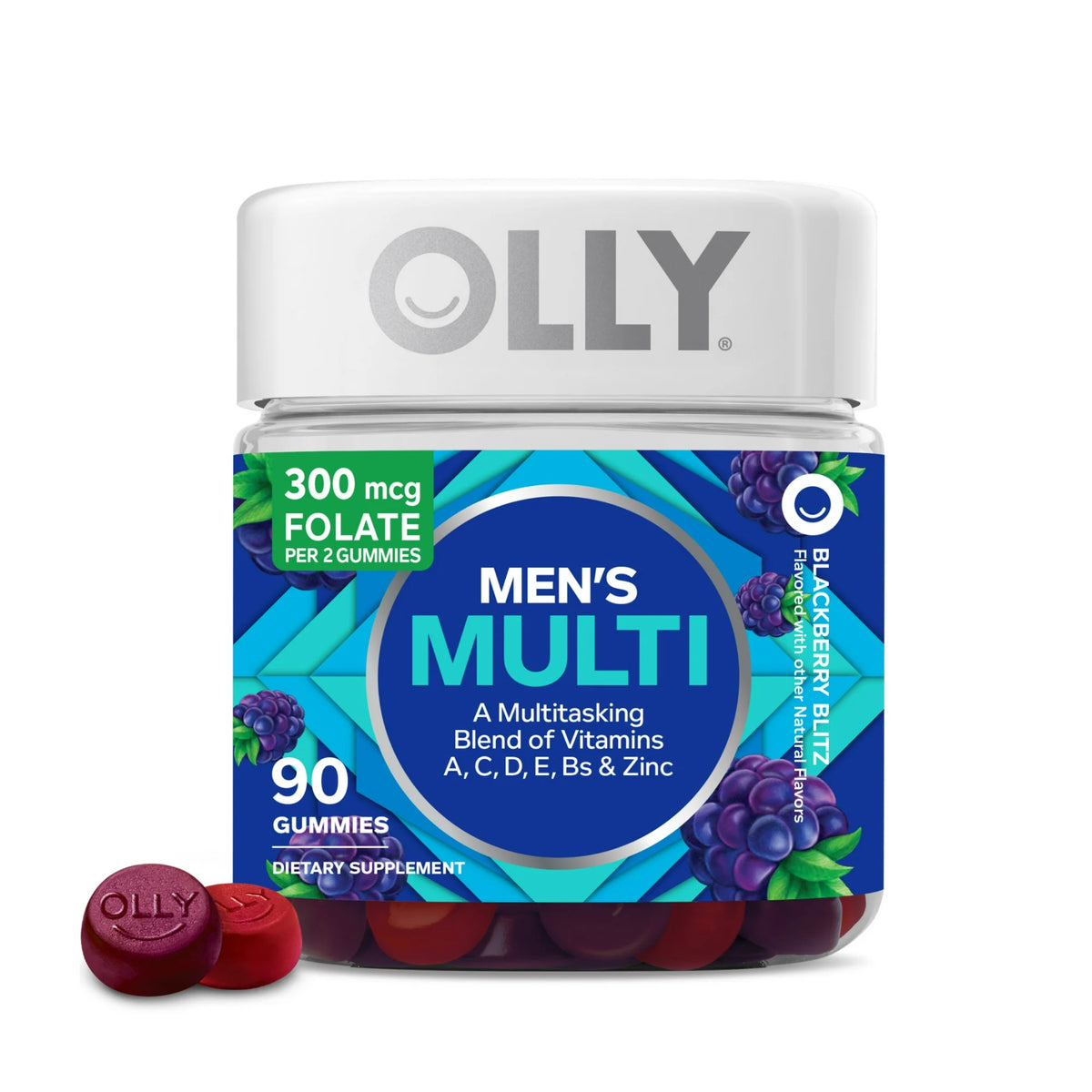 OLLY Men's Multivitamin Gummy, Vitamins A, C, D, E, B, Zinc, Blackberry Flavor, 90 Ct