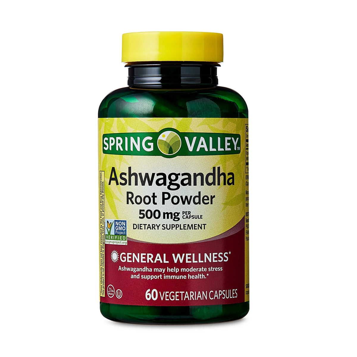 Spring Valley Ashwagandha Root Powder General Wellness Dietary Supplement Vegetarian Capsules, 500 mg, 60 Count