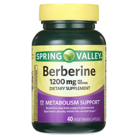 Spring Valley Berberine Metabolism Support Supplement, 1200 mg, 40 Vegetarian Capsules, 20-Day Supply