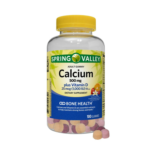 Spring Valley Calcium 500 mg Plus Vitamin D 25 mcg Bone Health Dietary Supplement Gummies, 100 Count