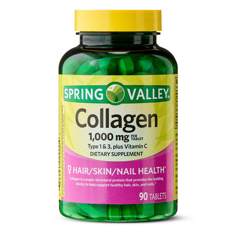 Spring Valley Collagen Type 1 & 3 Plus Vitamin C Hair, Skin & Nails Supplement Tablets, 1,000 mg, 90 Count