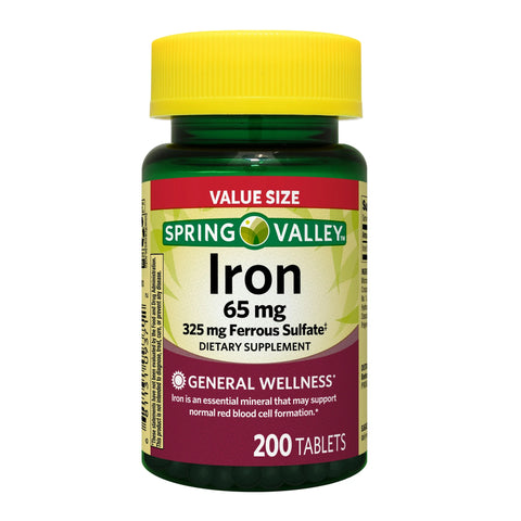 Spring Valley Iron Tablets 65 mg, 200 Count – Supports Red Blood Cell Formation, Gluten-Free, Lactose-Free