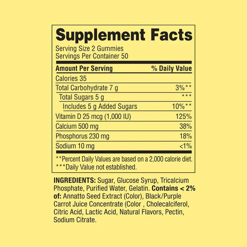 Spring Valley Calcium 500 mg Plus Vitamin D 25 mcg Bone Health Dietary Supplement Gummies, 100 Count