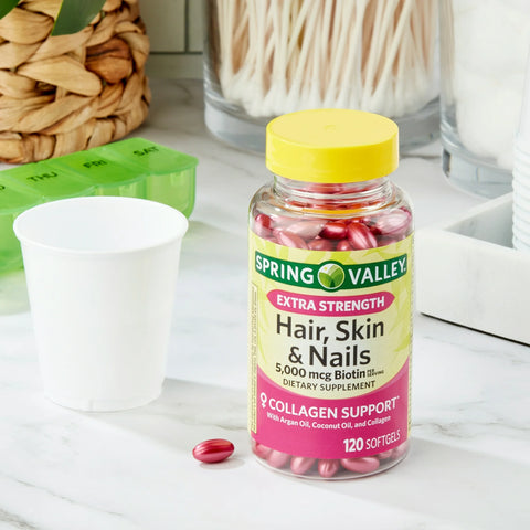 Spring Valley Extra Strength Hair, Skin, & Nails Collagen Support Softgels, 5000 mcg Biotin, 120 Count
