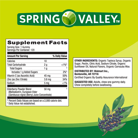 Spring Valley Adult Elderberry Gummies, 50mg, 120 Count – Immune Support, Non-GMO, Vegetarian