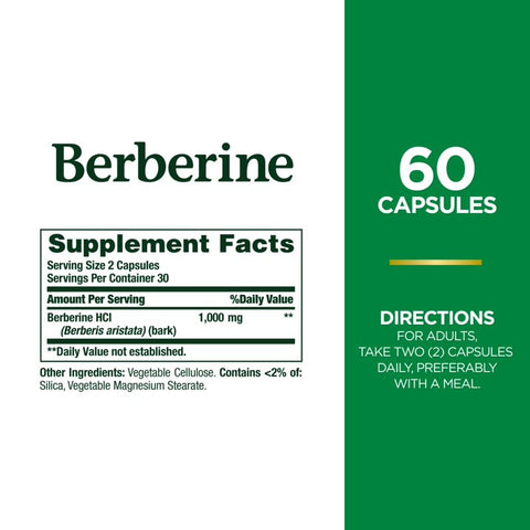 Nature’s Bounty Berberine 1000mg Supplement for Heart, Cholesterol & Blood Sugar Support – 60 Capsules