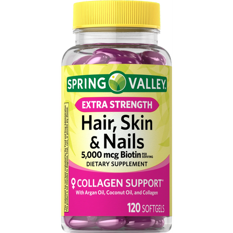 Spring Valley Extra Strength Hair, Skin, & Nails Collagen Support Softgels, 5000 mcg Biotin, 120 Count