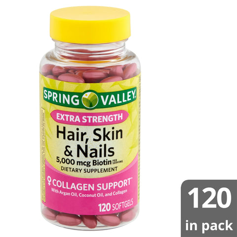 Spring Valley Extra Strength Hair, Skin, & Nails Collagen Support Softgels, 5000 mcg Biotin, 120 Count