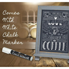 Framed Tabletop Chalkboard Sign, 9.5" x 14", Rustic Wood Frame, Small Magnetic Chalkboard with Built-in Ledge and Folding Stand, One White Chalk Marker Included, by Better Office Products (Gray wash)