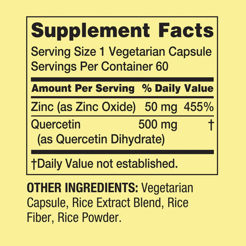 Spring Valley Quercetin 500 mg with Zinc, Dietary Supplement, 60 Vegetarian Capsules