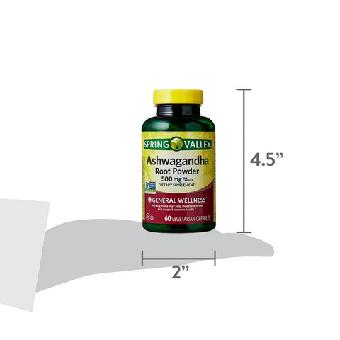 Spring Valley Ashwagandha Root Powder General Wellness Dietary Supplement Vegetarian Capsules, 500 mg, 60 Count